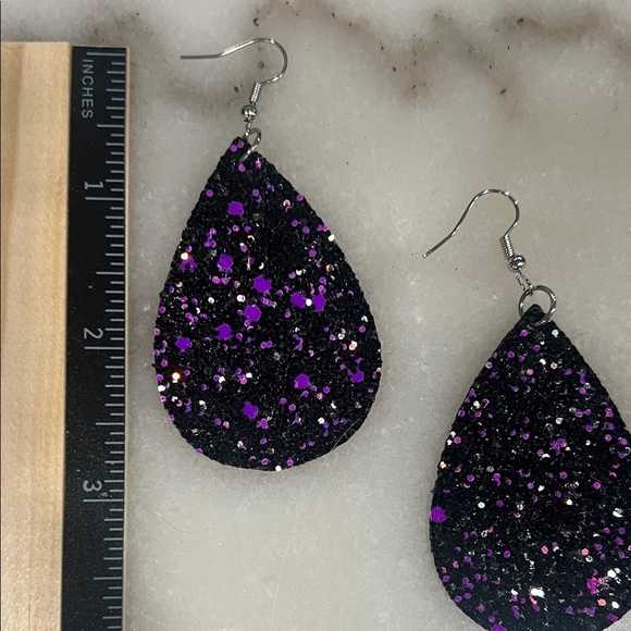Glittery Teardrop Earrings in Black and Purple - Picture 2 of 3